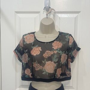 Torrid curve 2  Floral Sheer Crop Top - Black and Pink